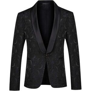 NWOT Yffushi Mens Black Paisley Pattern Dinner Jacket Blazer Velvet Collar Sz S